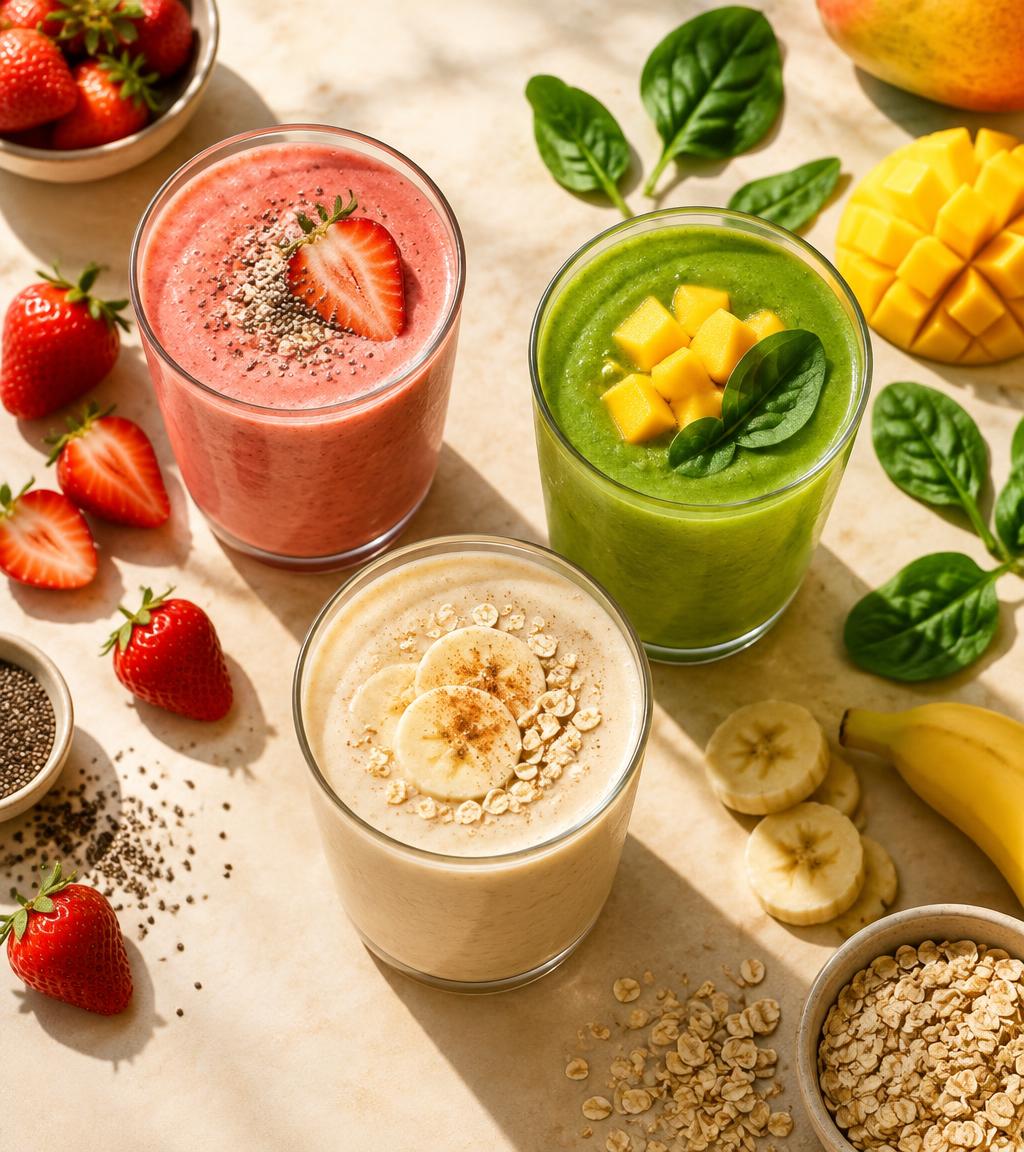 Drie smoothies: aardbei, spinazie-mango en havermout-banaan